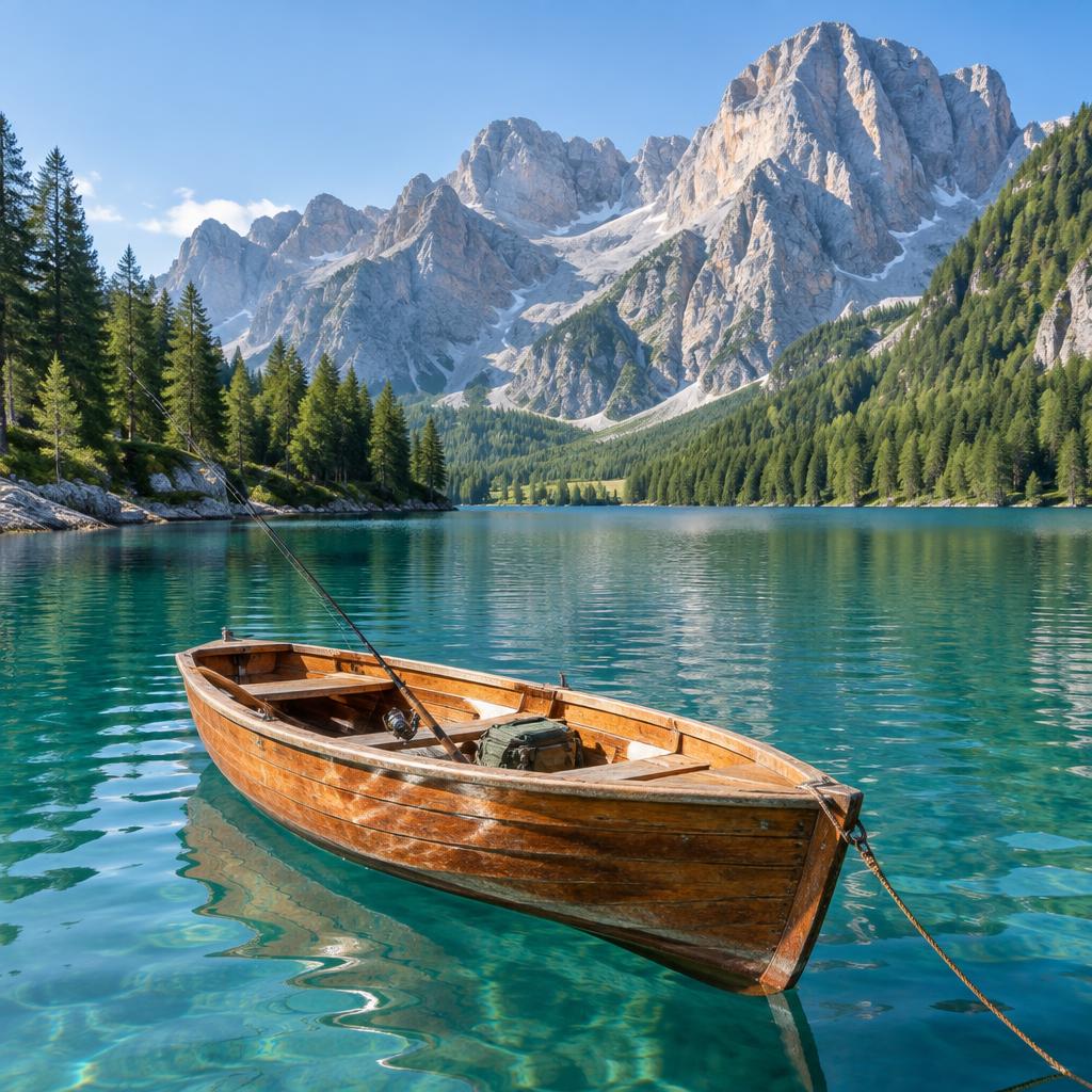 A fishing boat on a clear alpine lake